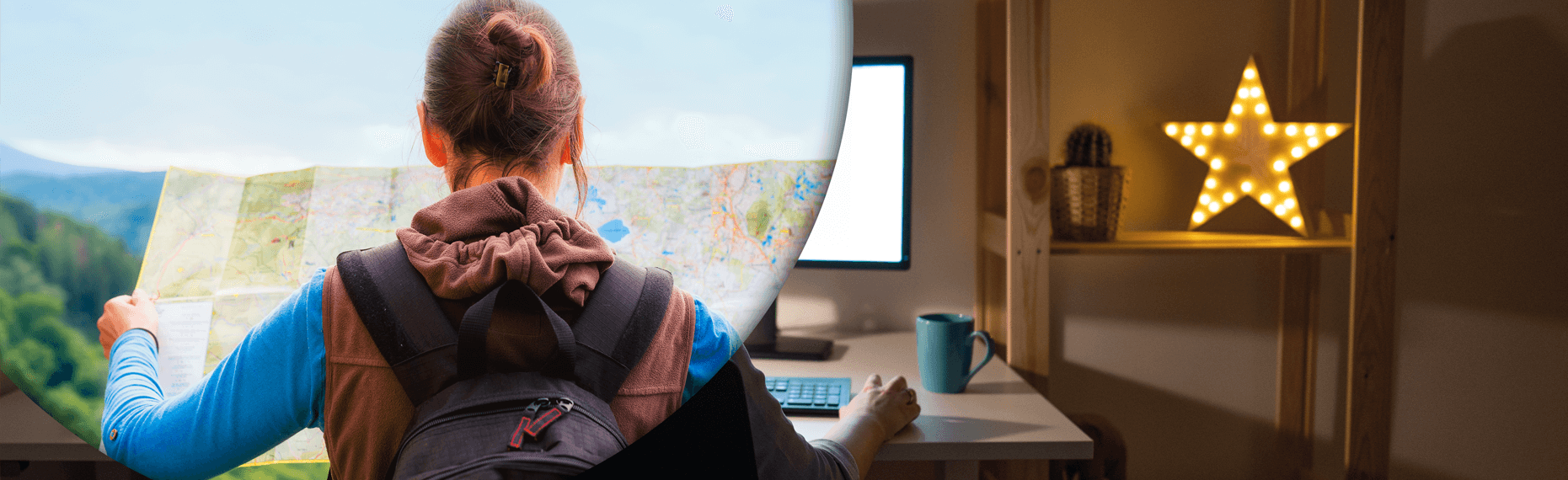 Banner image of a woman sitting at her desk and planning an Erasmus+ adventure