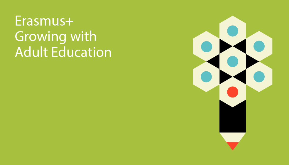 Decorative Image for Erasmus+ Adult Education which reads 'Growing with Adult Education'