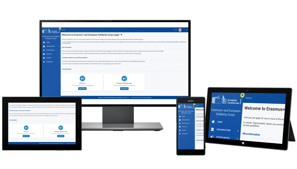 Decorative image of various devices with the Erasmus and European Solidarity Corps Portal open on each