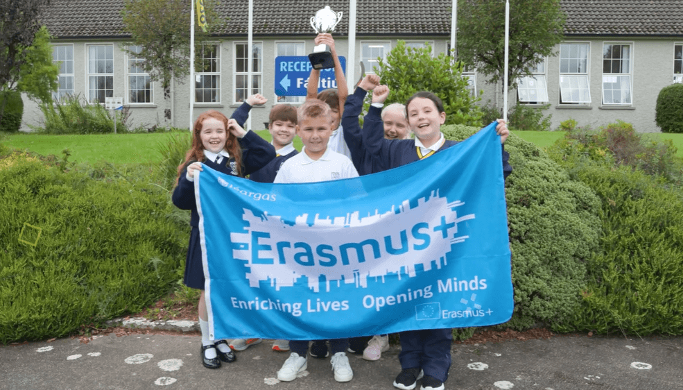 Students from Castleconnell National School with their Erasmus+ flag and trophy
