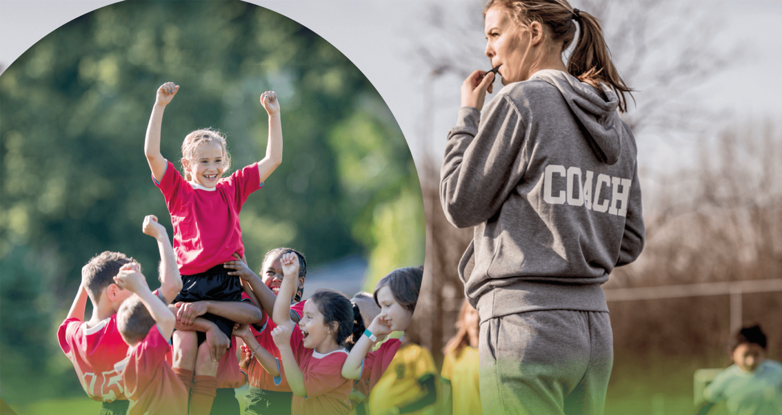 Erasmus+ Sport Coach blows a whistle while children cheer a score